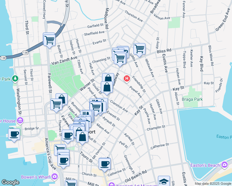 map of restaurants, bars, coffee shops, grocery stores, and more near 14 Rhode Island Avenue in Newport