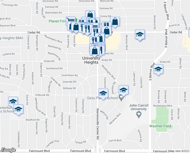 map of restaurants, bars, coffee shops, grocery stores, and more near 2326 Traymore Road in University Heights