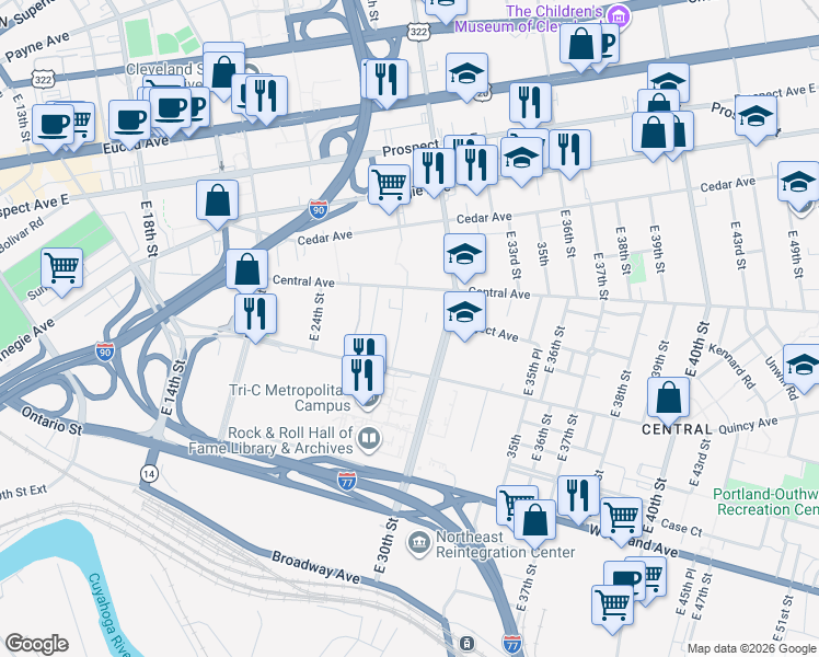 map of restaurants, bars, coffee shops, grocery stores, and more near 2876 Central Avenue in Cleveland