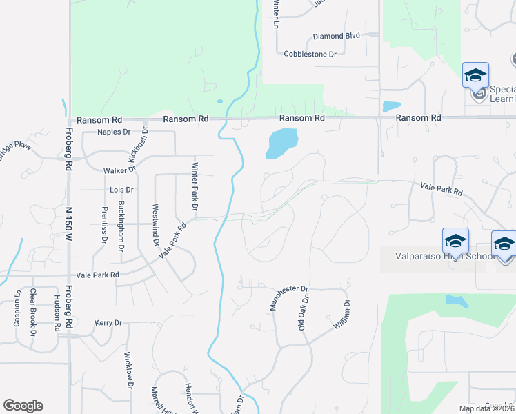 map of restaurants, bars, coffee shops, grocery stores, and more near 2061 Vale Park Road in Valparaiso