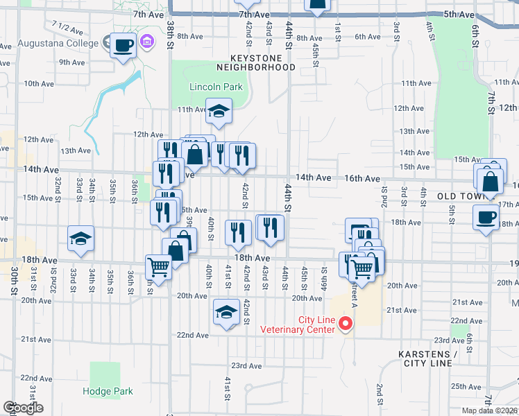 map of restaurants, bars, coffee shops, grocery stores, and more near 1433 43rd Street in Rock Island
