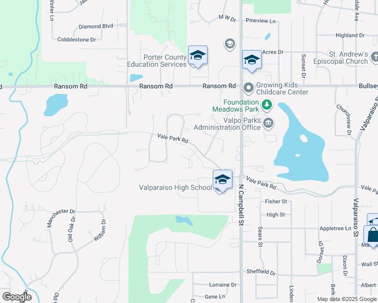 map of restaurants, bars, coffee shops, grocery stores, and more near 863 Forest Glen Drive in Valparaiso