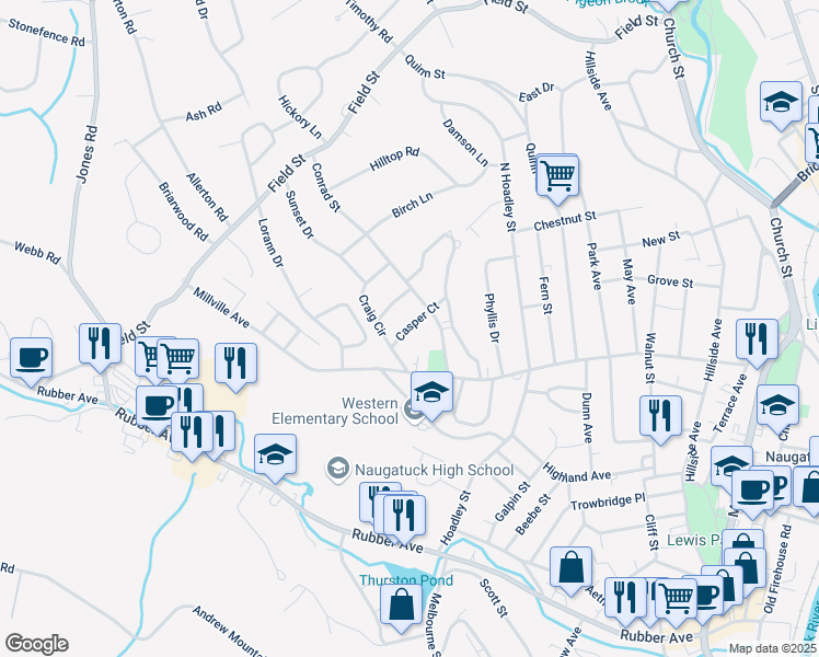 map of restaurants, bars, coffee shops, grocery stores, and more near Casper Ct in Naugatuck
