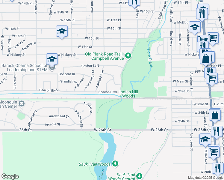 map of restaurants, bars, coffee shops, grocery stores, and more near 263 Beacon Boulevard in Chicago Heights