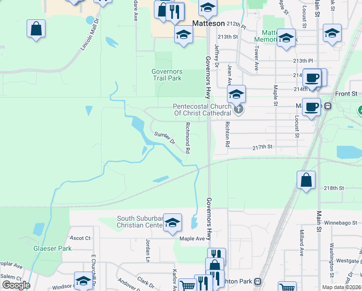 map of restaurants, bars, coffee shops, grocery stores, and more near 4114 Sumter Drive in Matteson