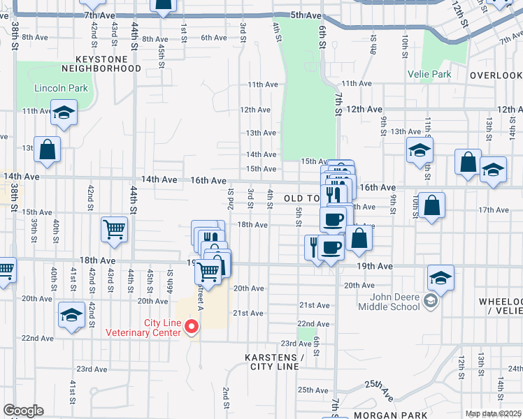 map of restaurants, bars, coffee shops, grocery stores, and more near 316 17th Avenue in Moline