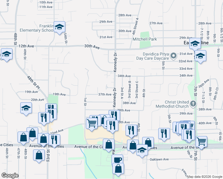 map of restaurants, bars, coffee shops, grocery stores, and more near 3655 Kennedy Drive in East Moline