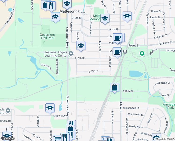 map of restaurants, bars, coffee shops, grocery stores, and more near 3826 217th Street in Matteson