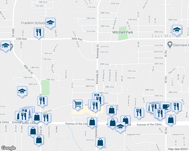 map of restaurants, bars, coffee shops, grocery stores, and more near 3655 Kennedy Drive in East Moline