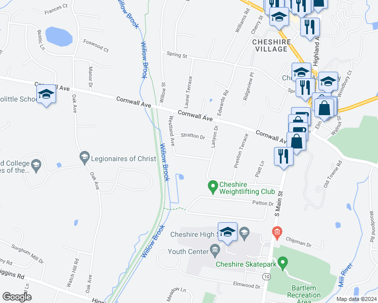 map of restaurants, bars, coffee shops, grocery stores, and more near 366 Westland Avenue in Cheshire