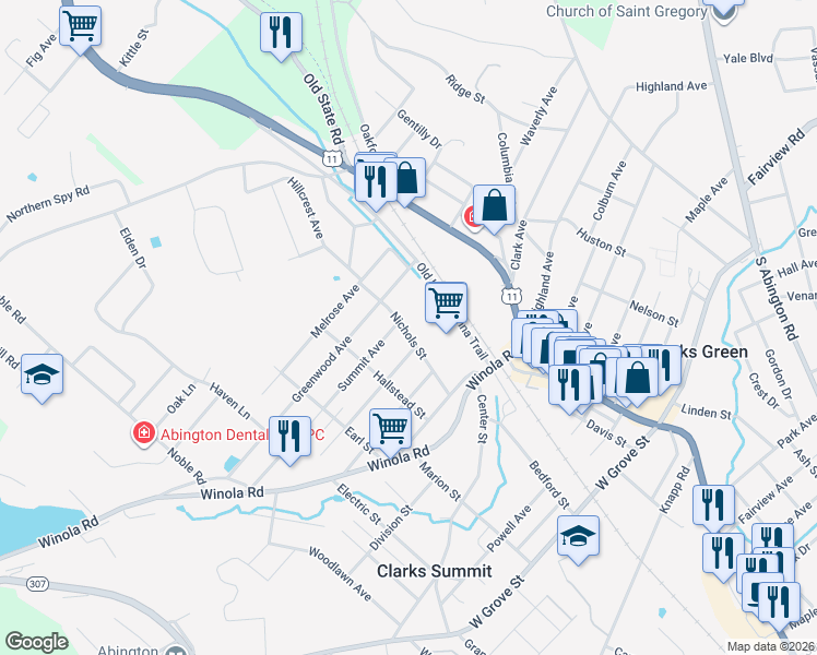 map of restaurants, bars, coffee shops, grocery stores, and more near 312 314 316 318 Avenue in Clarks Summit