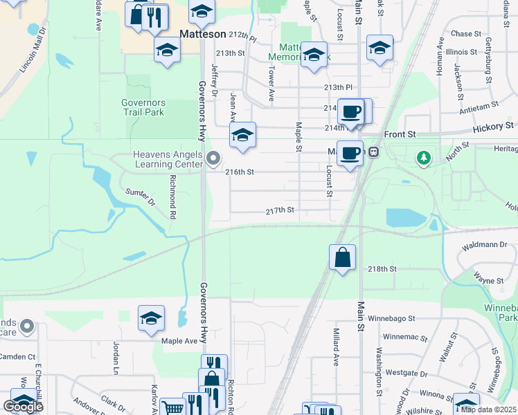 map of restaurants, bars, coffee shops, grocery stores, and more near 3826 217th Street in Matteson