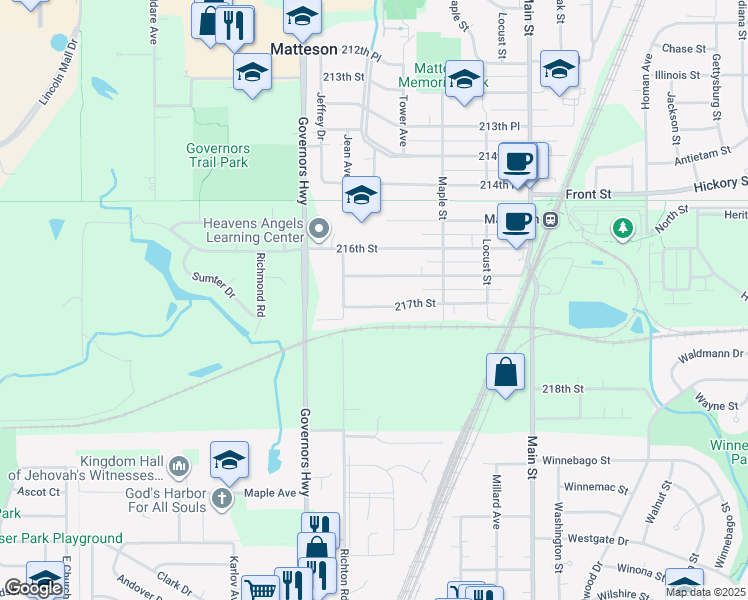 map of restaurants, bars, coffee shops, grocery stores, and more near 3842 217th Street in Matteson