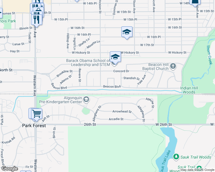 map of restaurants, bars, coffee shops, grocery stores, and more near 3119 Lawrence Avenue West in Chicago Heights