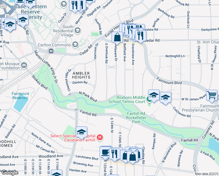 map of restaurants, bars, coffee shops, grocery stores, and more near 2339 South Overlook Road in Cleveland Heights