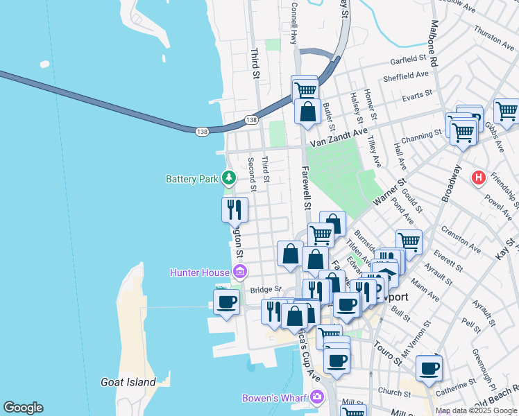 map of restaurants, bars, coffee shops, grocery stores, and more near 55 3rd Street in Newport