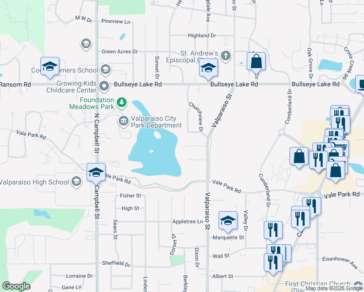 map of restaurants, bars, coffee shops, grocery stores, and more near 201 Lakeside Dr in Valparaiso