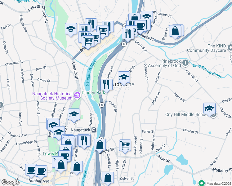 map of restaurants, bars, coffee shops, grocery stores, and more near 542 High Street in Naugatuck