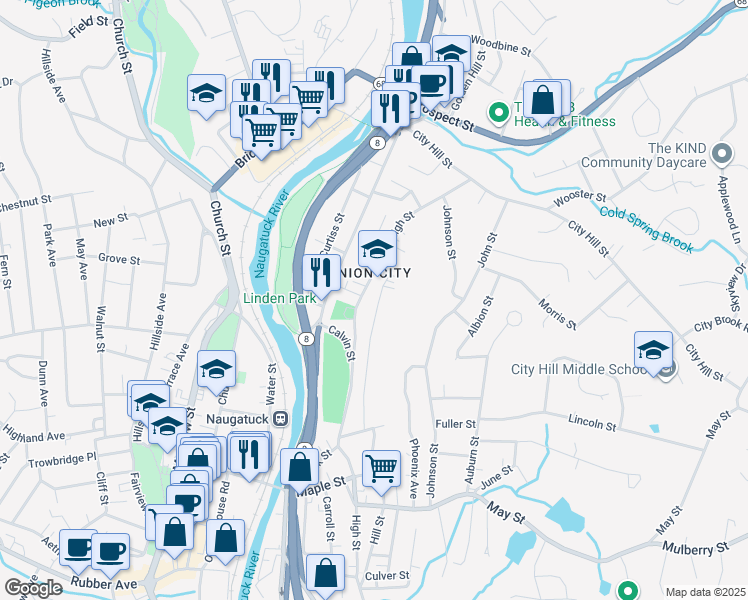 map of restaurants, bars, coffee shops, grocery stores, and more near 150 Coen Street in Naugatuck