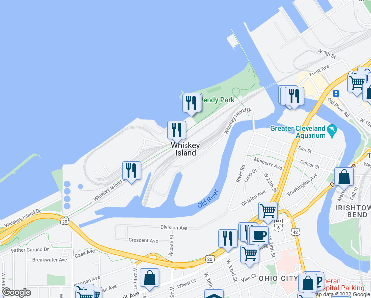 map of restaurants, bars, coffee shops, grocery stores, and more near in Cleveland