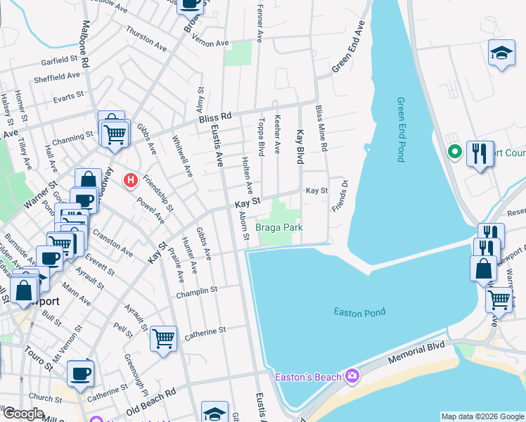 map of restaurants, bars, coffee shops, grocery stores, and more near 9 Greenlaw Boulevard in Newport