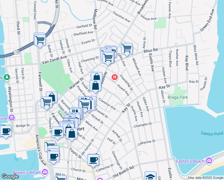 map of restaurants, bars, coffee shops, grocery stores, and more near 14 Rhode Island Avenue in Newport