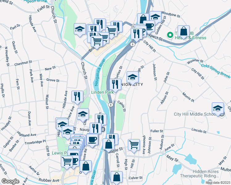 map of restaurants, bars, coffee shops, grocery stores, and more near 209 North Main Street in Naugatuck
