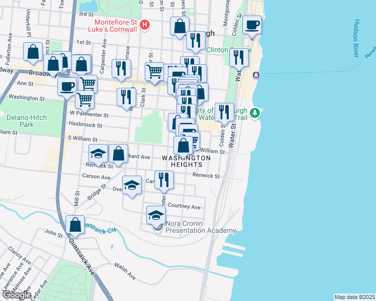 map of restaurants, bars, coffee shops, grocery stores, and more near 96 South William Street in Newburgh