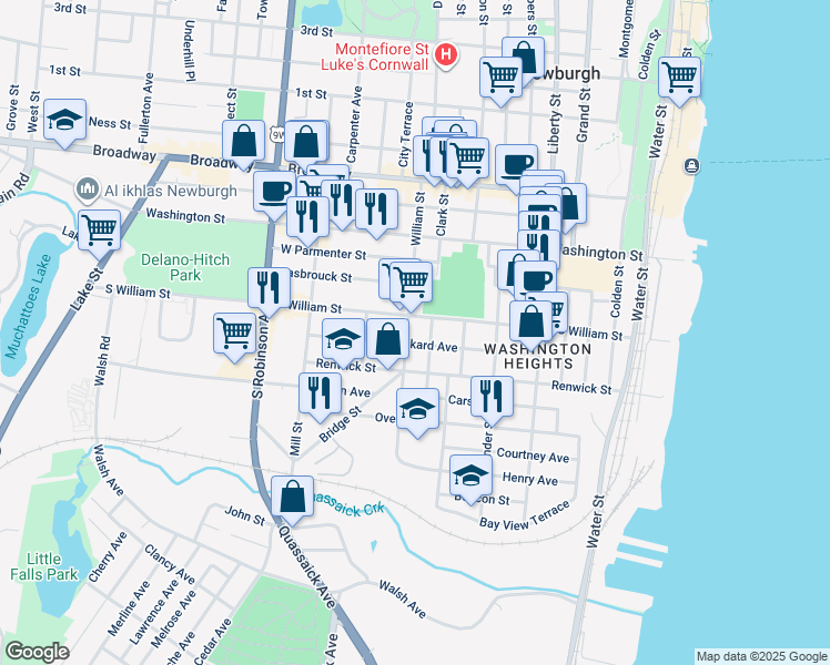map of restaurants, bars, coffee shops, grocery stores, and more near 101 William Street in Newburgh