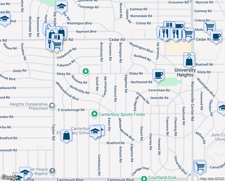 map of restaurants, bars, coffee shops, grocery stores, and more near 2340 Ashurst Road in University Heights