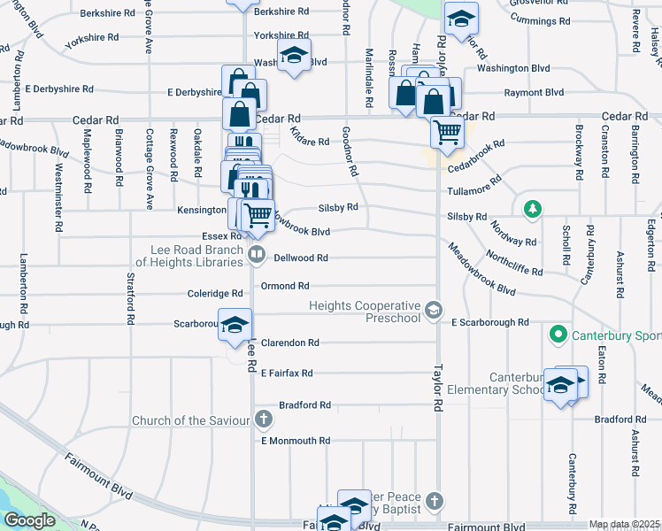 map of restaurants, bars, coffee shops, grocery stores, and more near 3306 Dellwood Road in Cleveland Heights