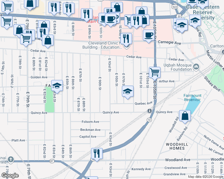 map of restaurants, bars, coffee shops, grocery stores, and more near 2284 East 95th Street in Cleveland