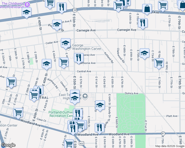 map of restaurants, bars, coffee shops, grocery stores, and more near 6004 Central Avenue in Cleveland