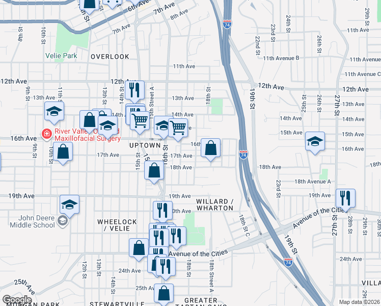 map of restaurants, bars, coffee shops, grocery stores, and more near 1713 17th Avenue in Moline
