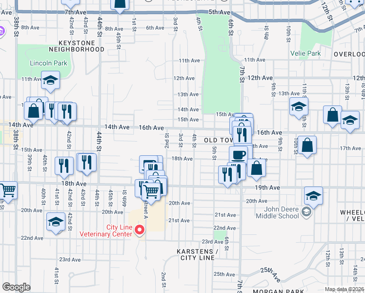 map of restaurants, bars, coffee shops, grocery stores, and more near 316 17th Avenue in Moline