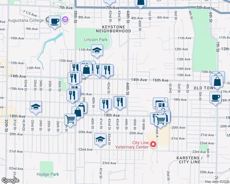 map of restaurants, bars, coffee shops, grocery stores, and more near 1433 43rd Street in Rock Island