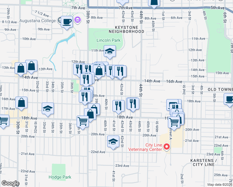 map of restaurants, bars, coffee shops, grocery stores, and more near 1443 42nd Street in Rock Island
