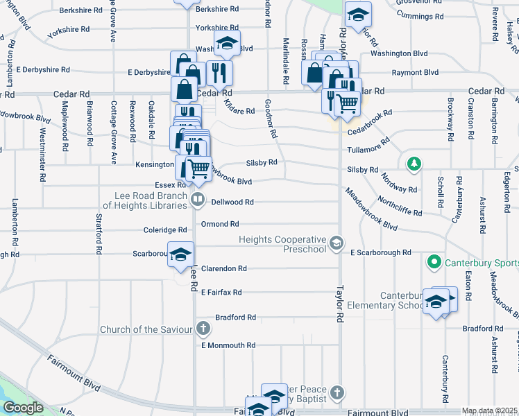 map of restaurants, bars, coffee shops, grocery stores, and more near 3306 Dellwood Rd in Cleveland Heights