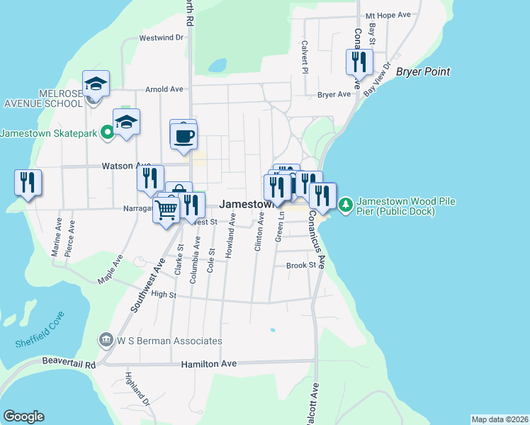 map of restaurants, bars, coffee shops, grocery stores, and more near 35 Narragansett Avenue in Jamestown