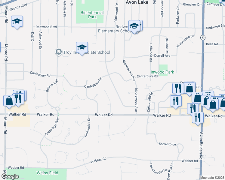 map of restaurants, bars, coffee shops, grocery stores, and more near 384 Crestwood Drive in Avon Lake