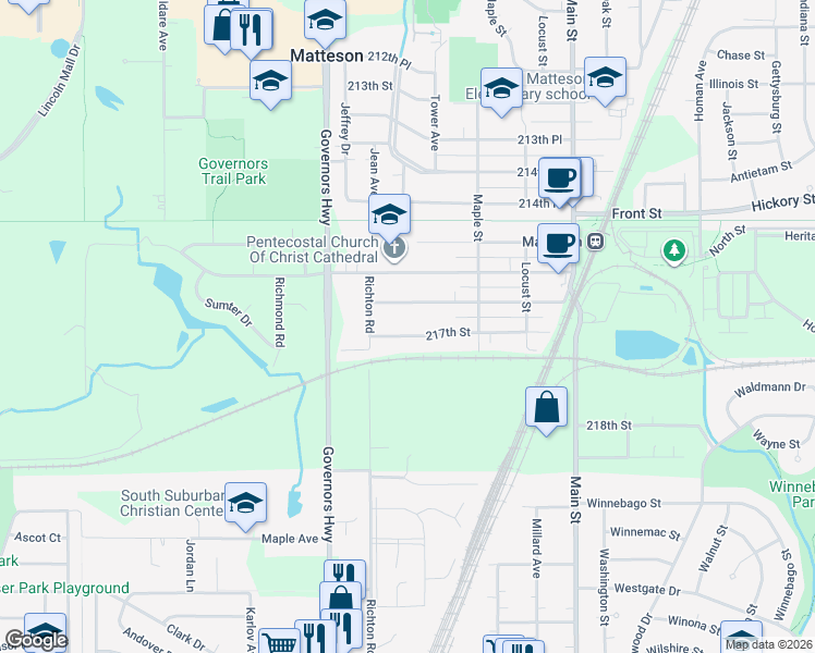 map of restaurants, bars, coffee shops, grocery stores, and more near 3826 217th Street in Matteson