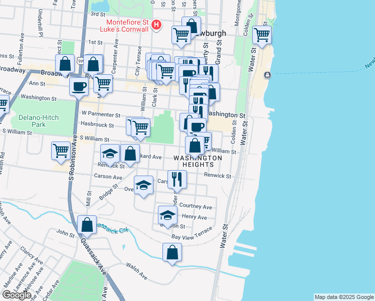 map of restaurants, bars, coffee shops, grocery stores, and more near 109 South Street in Newburgh