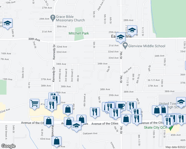 map of restaurants, bars, coffee shops, grocery stores, and more near 3516 5th Street in East Moline