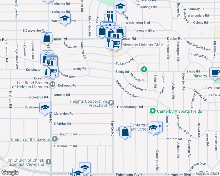 map of restaurants, bars, coffee shops, grocery stores, and more near 3432 Dellwood Rd in Cleveland Heights