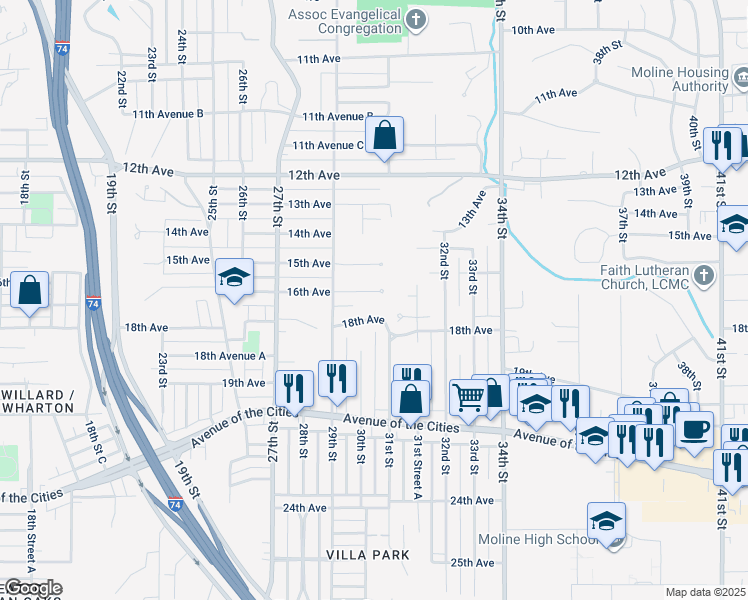 map of restaurants, bars, coffee shops, grocery stores, and more near 2944 16th Avenue in Moline
