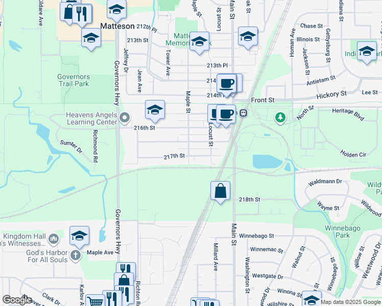 map of restaurants, bars, coffee shops, grocery stores, and more near 3736 217th Street in Matteson