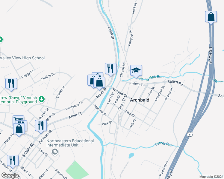 map of restaurants, bars, coffee shops, grocery stores, and more near 301 Wayne Street in Archbald
