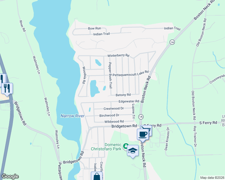 map of restaurants, bars, coffee shops, grocery stores, and more near 7 Pepper Bush Trail in Narragansett
