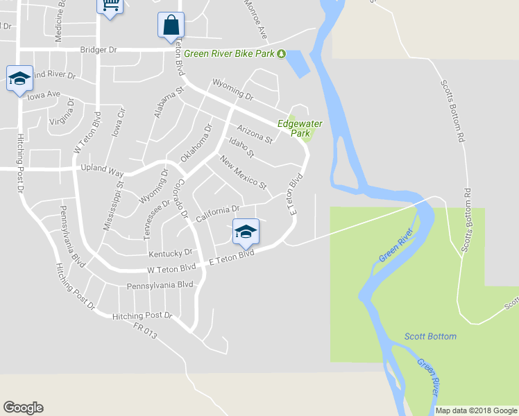 map of restaurants, bars, coffee shops, grocery stores, and more near 1730 California Drive in Green River