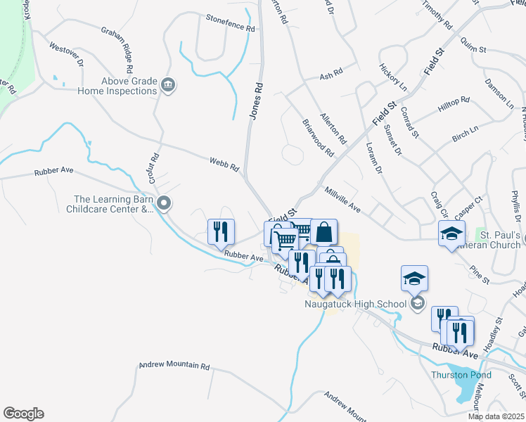 map of restaurants, bars, coffee shops, grocery stores, and more near 26 Jones Road in Naugatuck